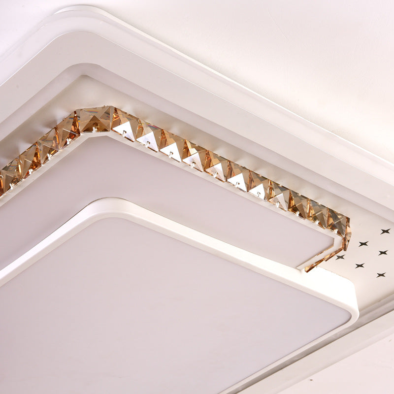 Geometric Crystal LED Ceiling Light for Living Room: Minimal Rectangle Flush Mount with Leaf Pattern & Warm Glow