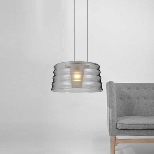 Contemporary Glass Drum Chandelier Pendant - 10"/14" Width, Clear/Smoky Ruffle, 1-Light LED Hanging Light for Living Room