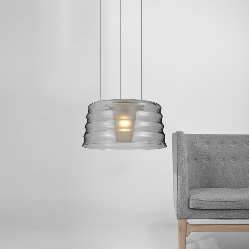Contemporary 10/14 Wide Drum Chandelier Pendant With Ruffle Glass And Led Lighting For Living Room