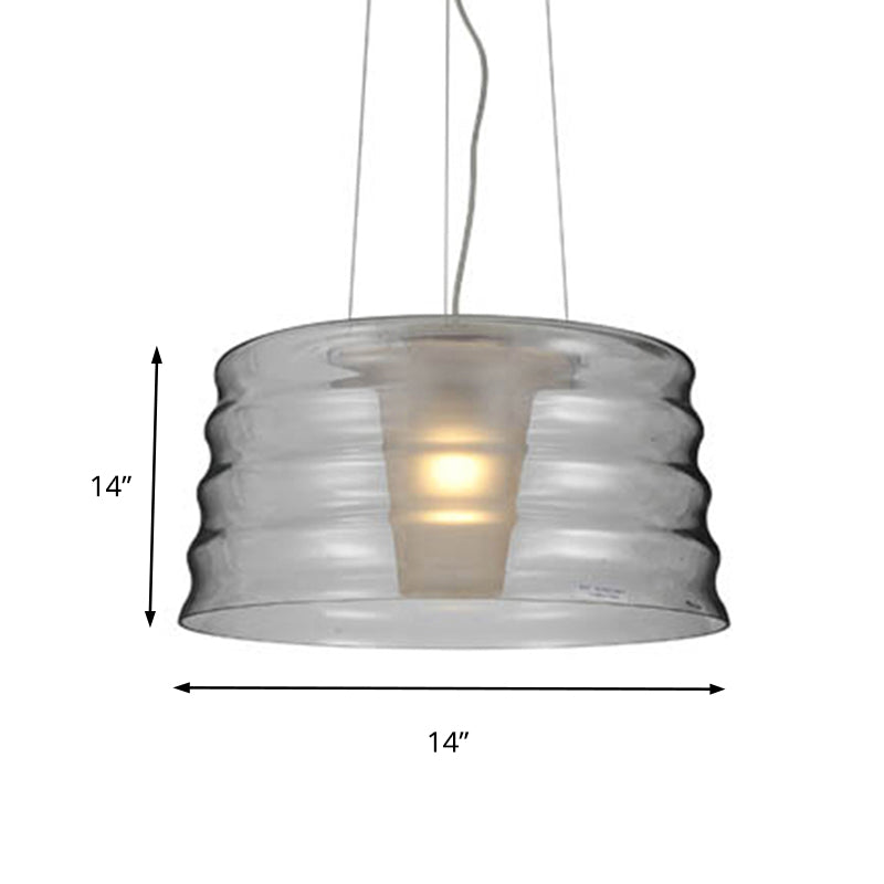 Contemporary Glass Drum Chandelier Pendant - 10"/14" Width, Clear/Smoky Ruffle, 1-Light LED Hanging Light for Living Room