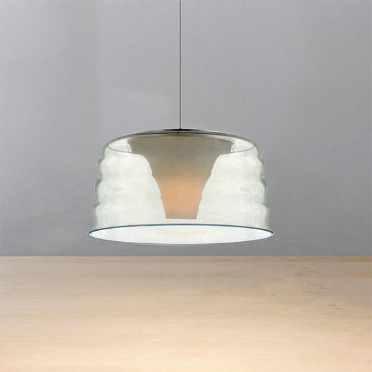 Contemporary Glass Drum Chandelier Pendant - 10"/14" Width, Clear/Smoky Ruffle, 1-Light LED Hanging Light for Living Room