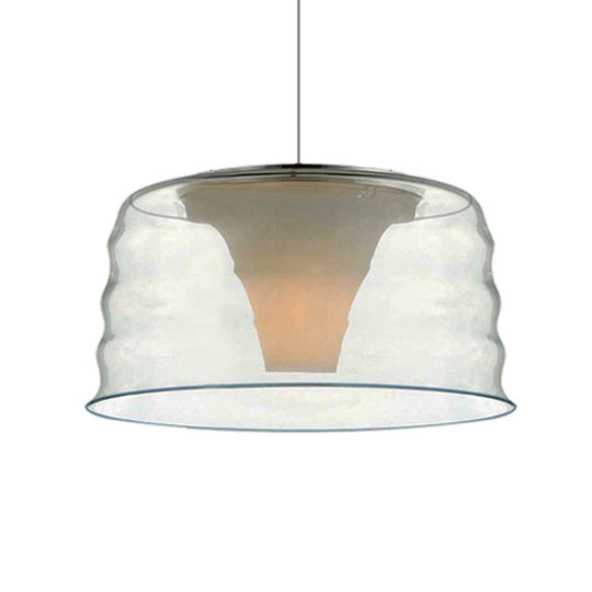 Contemporary Glass Drum Chandelier Pendant - 10"/14" Width, Clear/Smoky Ruffle, 1-Light LED Hanging Light for Living Room