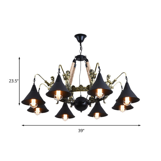 Industrial Bell Chandelier - Metal And Rope Suspension Light With Mermaid Deco Black (6/8 Bulbs)