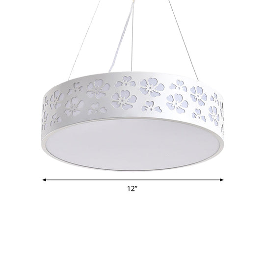 Noemi - Nordic Drum Hanging Light Metal Led White Ceiling With Etched Flower In White/Warm/Natural