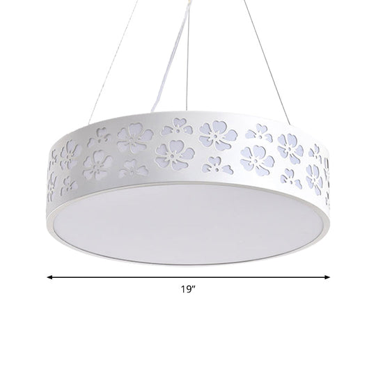 Nordic Metal LED Drum Hanging Light - White Ceiling Light with Etched Flower, 12"/15"/19" Wide (White/Warm/Natural Light)