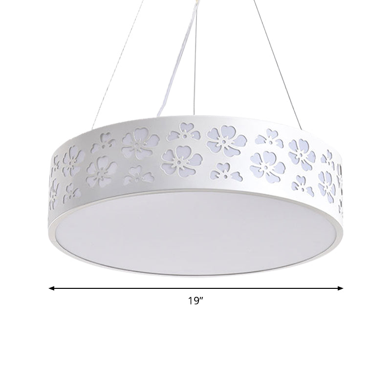 Noemi - Nordic Drum Hanging Light Metal Led White Ceiling With Etched Flower In White/Warm/Natural