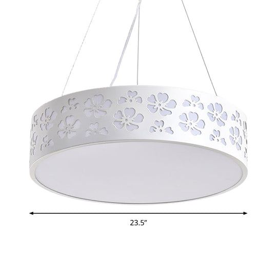 Nordic Metal LED Drum Hanging Light - White Ceiling Light with Etched Flower, 12"/15"/19" Wide (White/Warm/Natural Light)