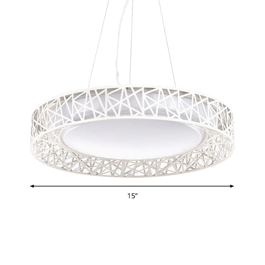 Nordic Metal LED Drum Pendant Light with Hollow Design, 12"/15"/19" Wide, in White/Warm/Natural Light