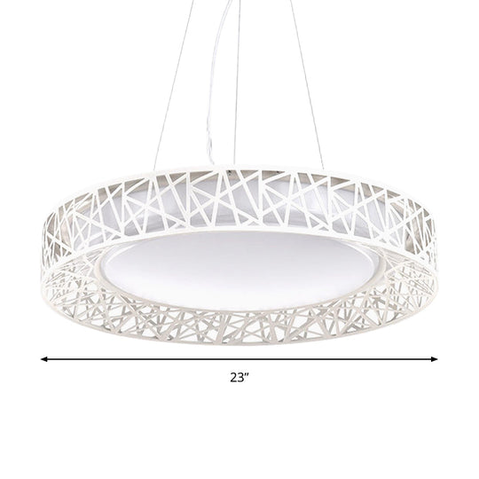 Nordic Metal LED Drum Pendant Light with Hollow Design, 12"/15"/19" Wide, in White/Warm/Natural Light