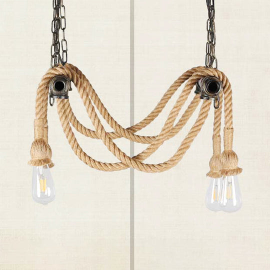 Lustre en fer forgé et bronze avec corde de chanvre pour bar - Style antique, 4 lumières, suspension à ampoule ouverte
