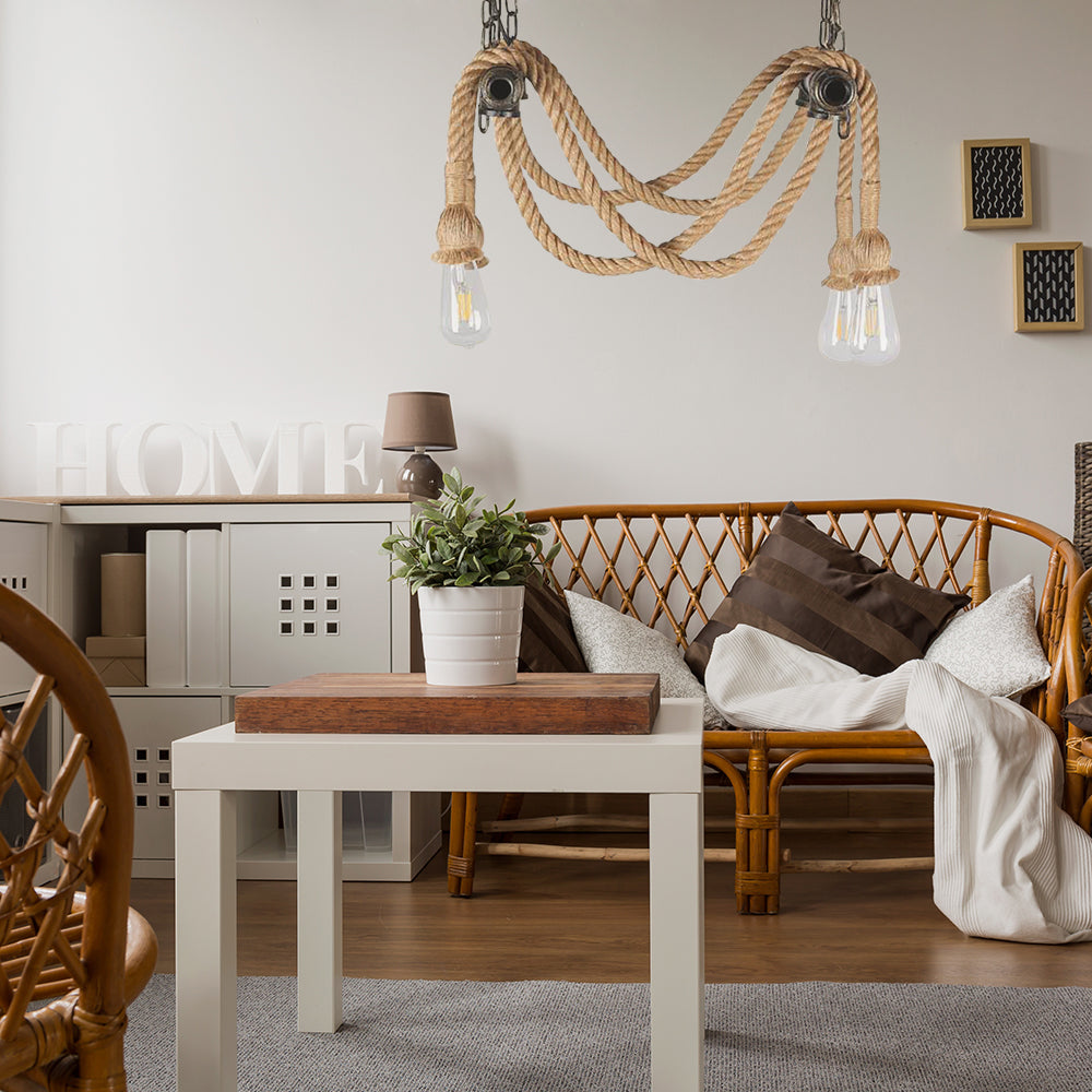 Lustre en fer forgé et bronze avec corde de chanvre pour bar - Style antique, 4 lumières, suspension à ampoule ouverte