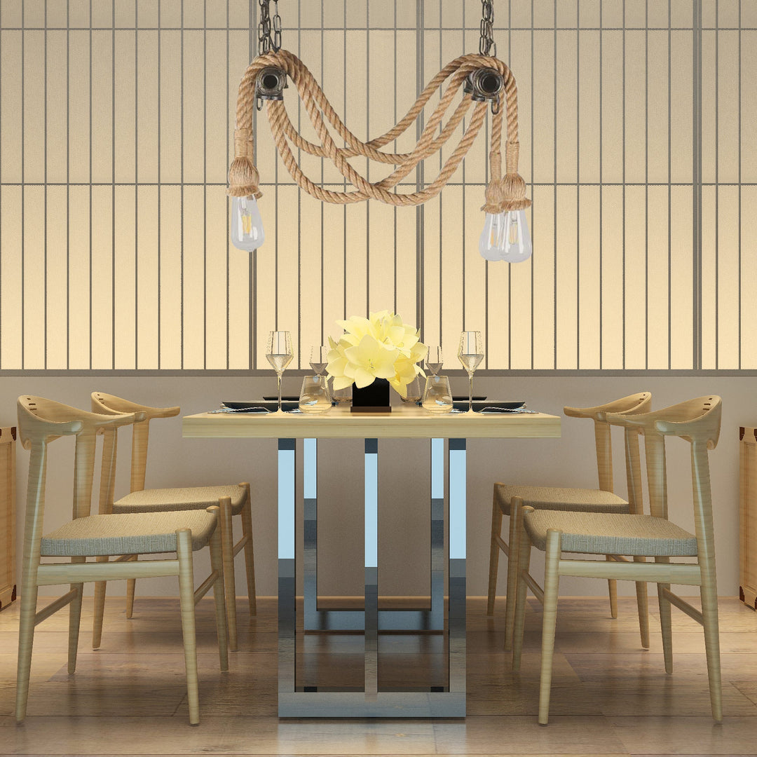 Lustre en fer forgé et bronze avec corde de chanvre pour bar - Style antique, 4 lumières, suspension à ampoule ouverte