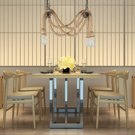 Lustre en fer forgé et bronze avec corde de chanvre pour bar - Style antique, 4 lumières, suspension à ampoule ouverte