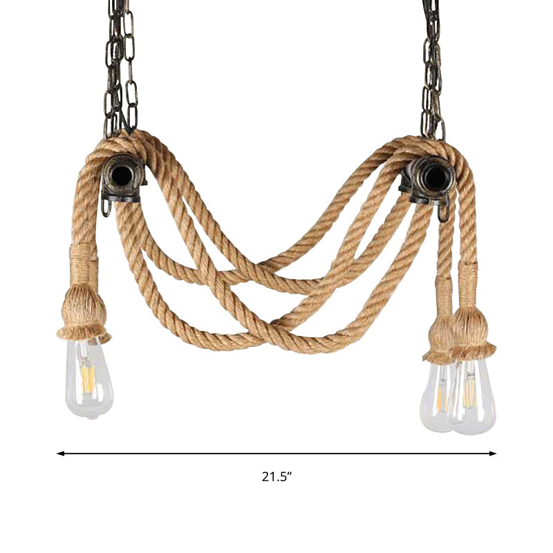 Lustre en fer forgé et bronze avec corde de chanvre pour bar - Style antique, 4 lumières, suspension à ampoule ouverte
