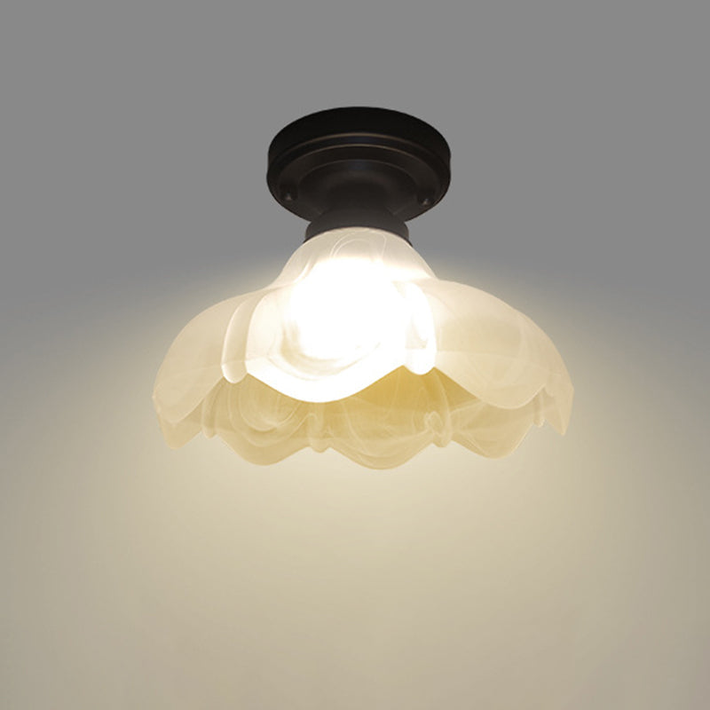 Countryside Flower Ribbed Glass Flush Mount Ceiling Fixture - Single Head, White with Black Finish