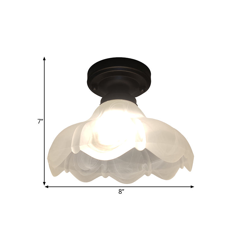 Countryside Flower Ribbed Glass Flush Mount Ceiling Fixture - Single Head, White with Black Finish