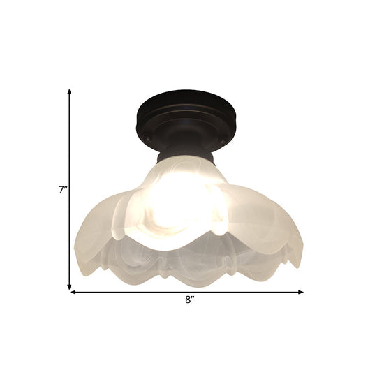 Countryside Flower Ribbed Glass Flush Mount Ceiling Fixture - Single Head White With Black Finish