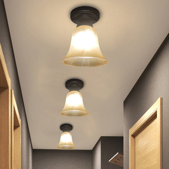 Antiqued Black Single Bulb Ceiling Light with Milky Glass Bell Shape – Flush Mount Lighting