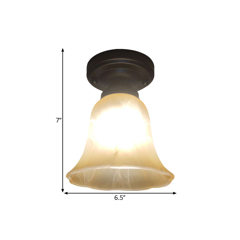 Antiqued Black Single Bulb Ceiling Light with Milky Glass Bell Shape – Flush Mount Lighting