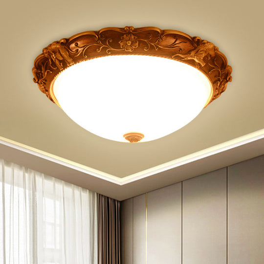 Rustic Opaline Glass Flush Lamp with Elephant Trim and Carving Flower - 16"/19.5" W 3-Bulb Ceiling Fixture in Brass