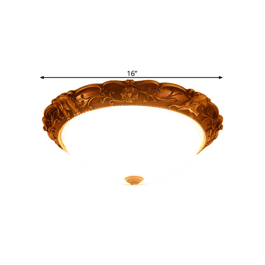 Rustic Opaline Glass Flush Lamp with Elephant Trim and Carving Flower - 16"/19.5" W 3-Bulb Ceiling Fixture in Brass