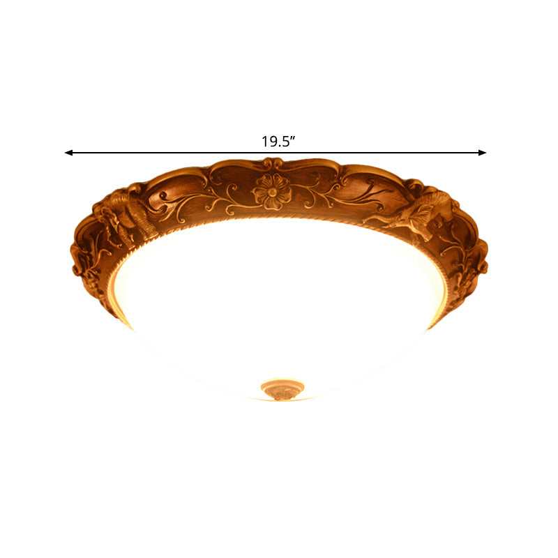 Rustic Opaline Glass Flush Lamp with Elephant Trim and Carving Flower - 16"/19.5" W 3-Bulb Ceiling Fixture in Brass