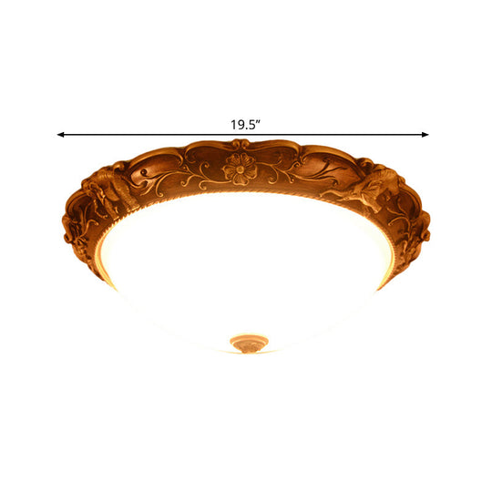 Rustic Opaline Glass Flush Lamp with Elephant Trim and Carving Flower - 16"/19.5" W 3-Bulb Ceiling Fixture in Brass