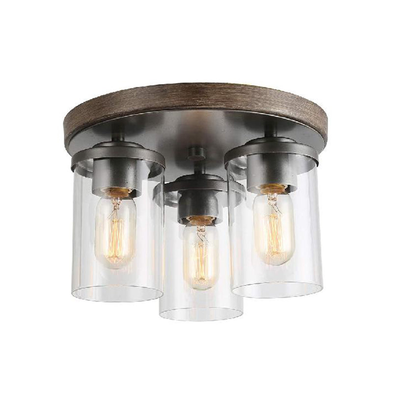 Clear Glass Cylinder Ceiling Light With Industrial Bronze Finish - 3 Bulbs For Living Room