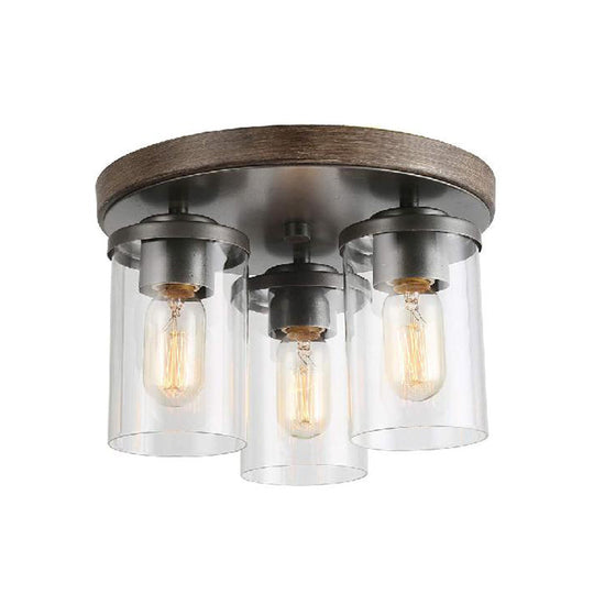 Clear Glass Cylinder Ceiling Light With Industrial Bronze Finish - 3 Bulbs For Living Room