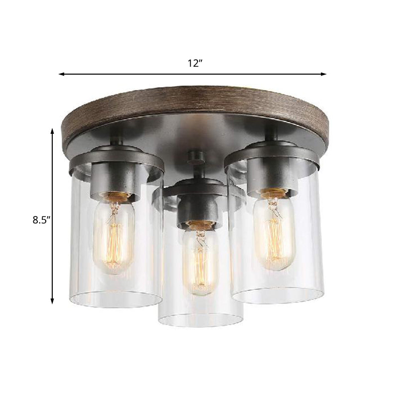 Clear Glass Cylinder Ceiling Light With Industrial Bronze Finish - 3 Bulbs For Living Room
