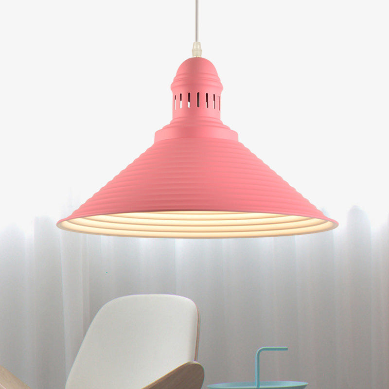 Ribbed Conical Pendant Light - Modern Metal Red/Yellow/White 1 Red