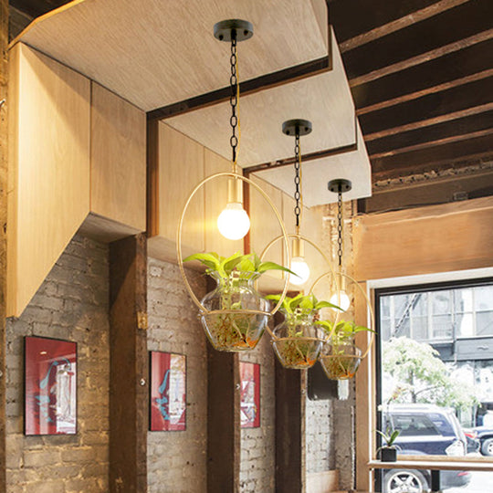 Metal Ceiling Light - Antique White/Gold Round LED Pendant with Plant Can Decoration