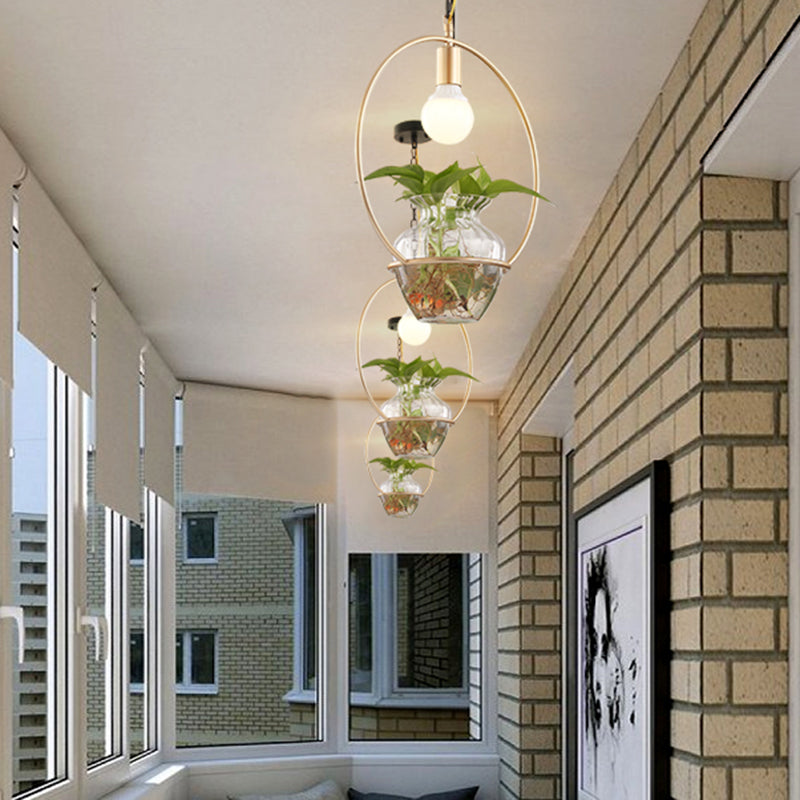 Antique White/Gold Round Led Pendant Ceiling Light With Metal Head And Plant Can Decoration -