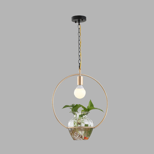 Metal Ceiling Light - Antique White/Gold Round LED Pendant with Plant Can Decoration