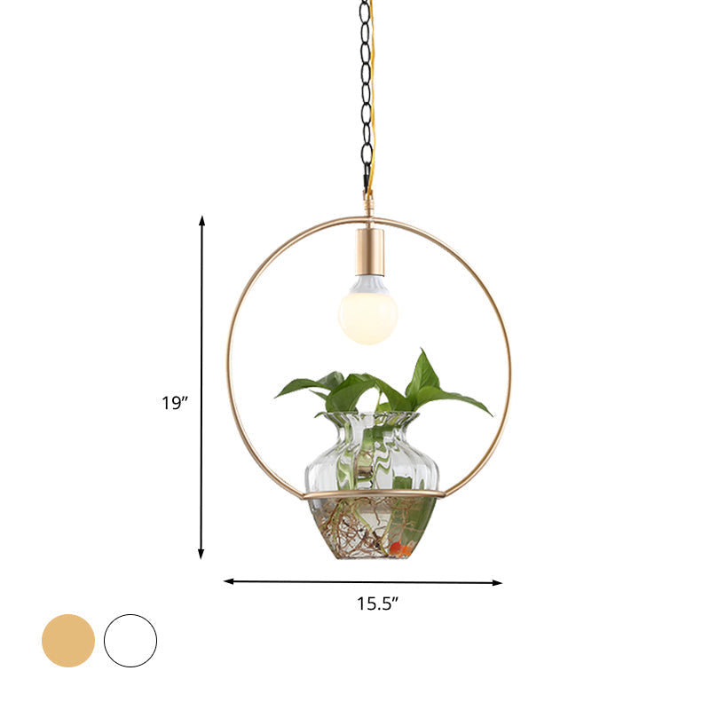 Antique White/Gold Round Led Pendant Ceiling Light With Metal Head And Plant Can Decoration -