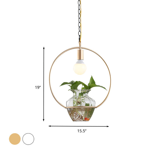 Antique White/Gold Round Led Pendant Ceiling Light With Metal Head And Plant Can Decoration -