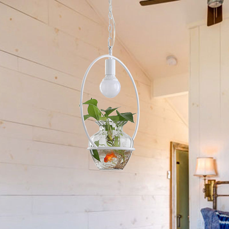 Metal Ceiling Light - Antique White/Gold Round LED Pendant with Plant Can Decoration