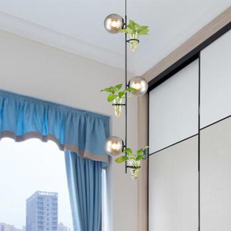 Antique 3-Head Spherical Metal Pendant Light with Milk White/Smoke Grey Glass Shade for Living Rooms - Black/Gold Finish