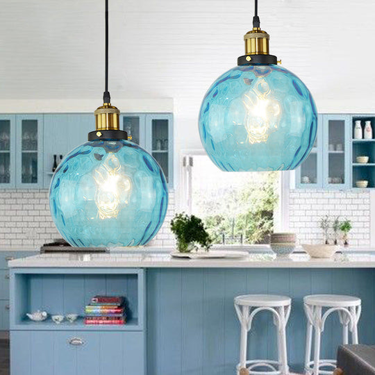 Suspension industrielle en forme de globe avec abat-jour en verre bleu à fossettes - Plafonnier 1 lampe pour salon