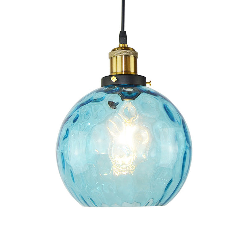 Suspension industrielle en forme de globe avec abat-jour en verre bleu à fossettes - Plafonnier 1 lampe pour salon