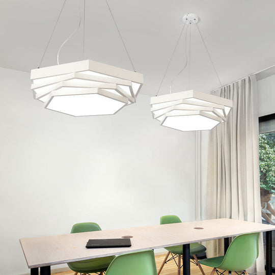 Contemporary Hexagonal Metal Pendant Light - LED Dining Room Hanging Lamp in Black/White with Warm/White/Natural Light