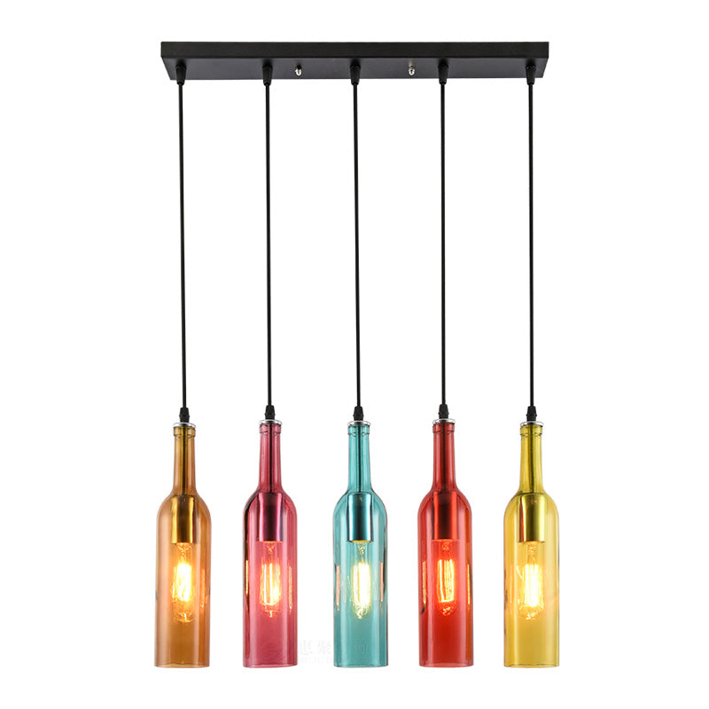 Suspension vintage en verre noir avec 5 abat-jours linéaires en forme de bouteille - Luminaire suspendu élégant