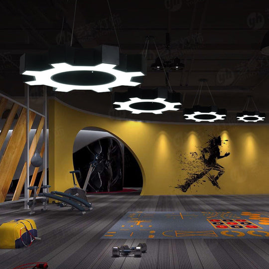 Contemporary Metal LED Pendant Lamp for Gym - Wide Gear Shape, White/Black, White/Warm Light