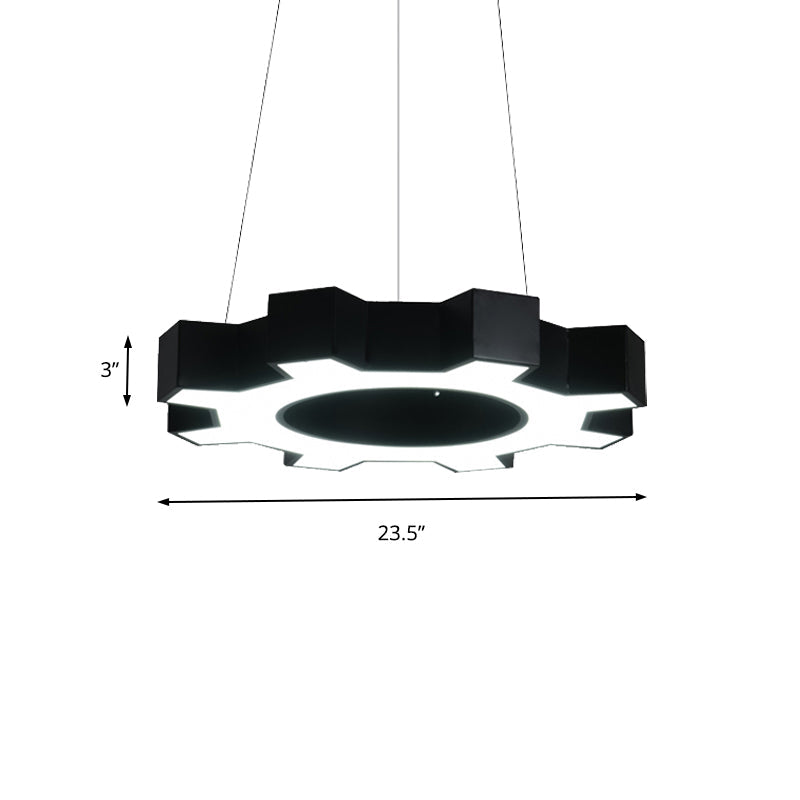 Contemporary Metal LED Pendant Lamp for Gym - Wide Gear Shape, White/Black, White/Warm Light