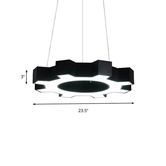 Contemporary Metal LED Pendant Lamp for Gym - Wide Gear Shape, White/Black, White/Warm Light