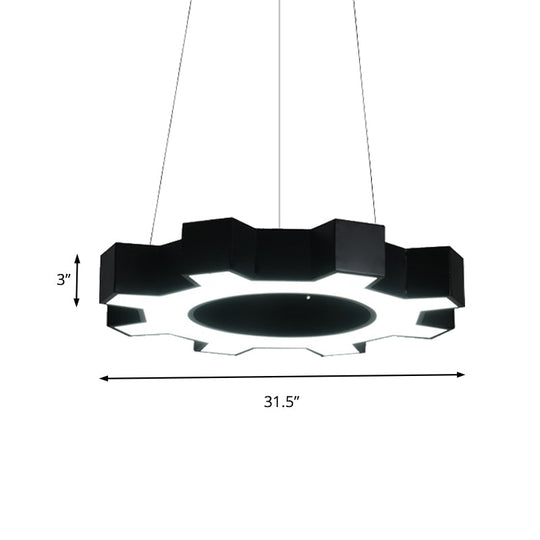 Contemporary Metal LED Pendant Lamp for Gym - Wide Gear Shape, White/Black, White/Warm Light