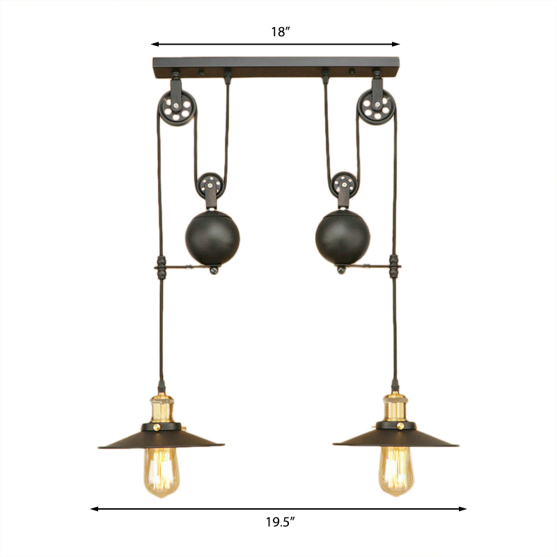 Wrought Iron Pendant Light Fixture with Black Finish - Antique Style Ceiling Light for Living Room (2 Bulbs, Flat Shade)