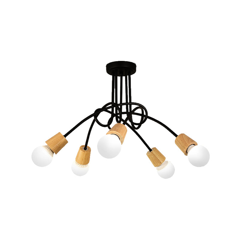 Loft Style Metal Ceiling Light with Open Bulb & Twisted Arm – 3/5 Lights, Wood Accent – Perfect for Kitchen & Semi Flush Pendant