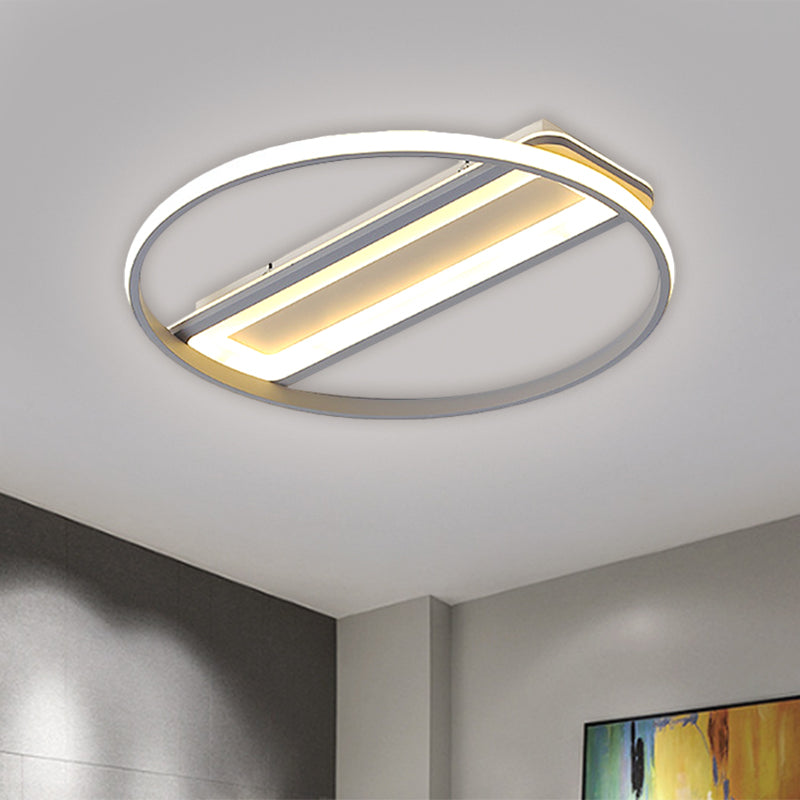 Contemporary LED Ceiling Light Fixture – Metallic Ring and Rectangle Flush Mount – Warm/White Light – 16"/19.5" Width