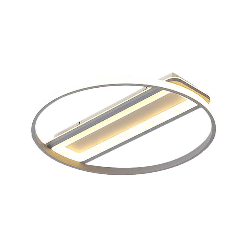 Contemporary LED Ceiling Light Fixture – Metallic Ring and Rectangle Flush Mount – Warm/White Light – 16"/19.5" Width